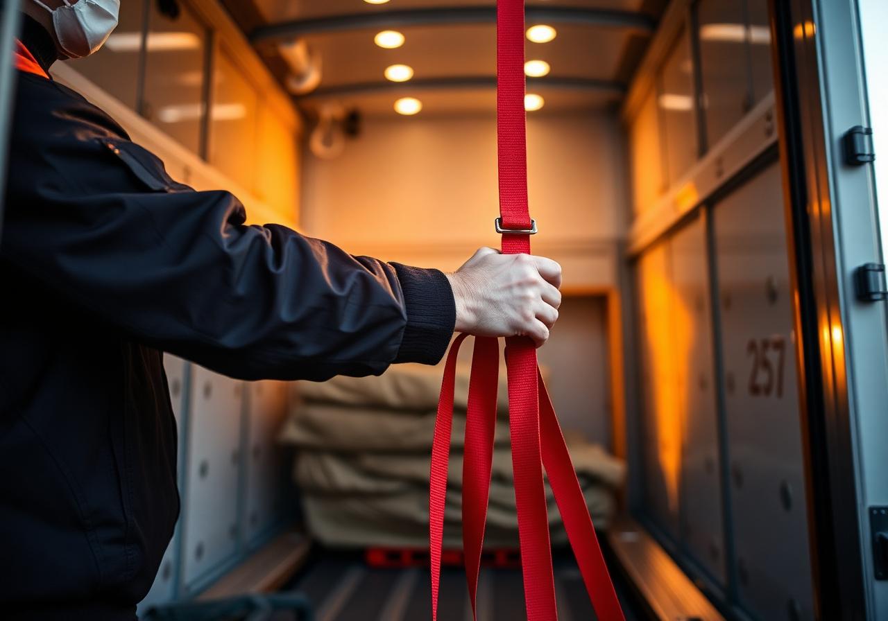 Fahrer sichert Ladung mit Spanngurten im LKW – Sicherheit und Zuverlässigkeit